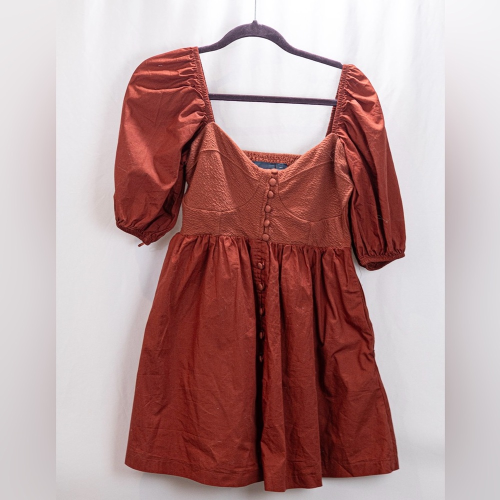 Maeve Rust Puff Sleeve Midi Dress